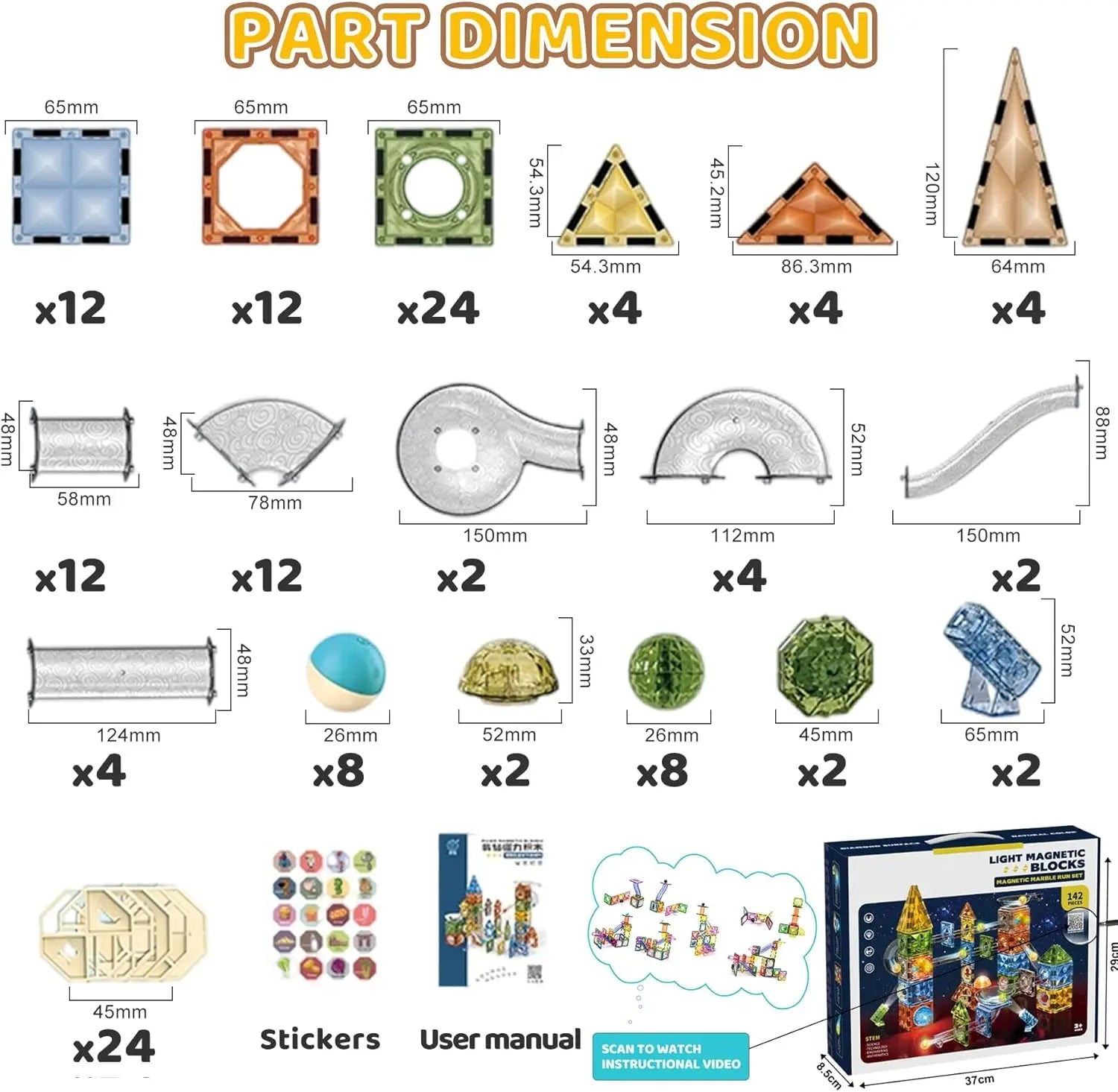 Transparent Magnetic Tiles Building Blocks 32Pc