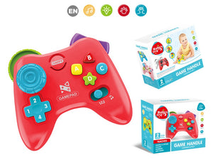 Red toy game controller with colorful buttons and packaging on a white background